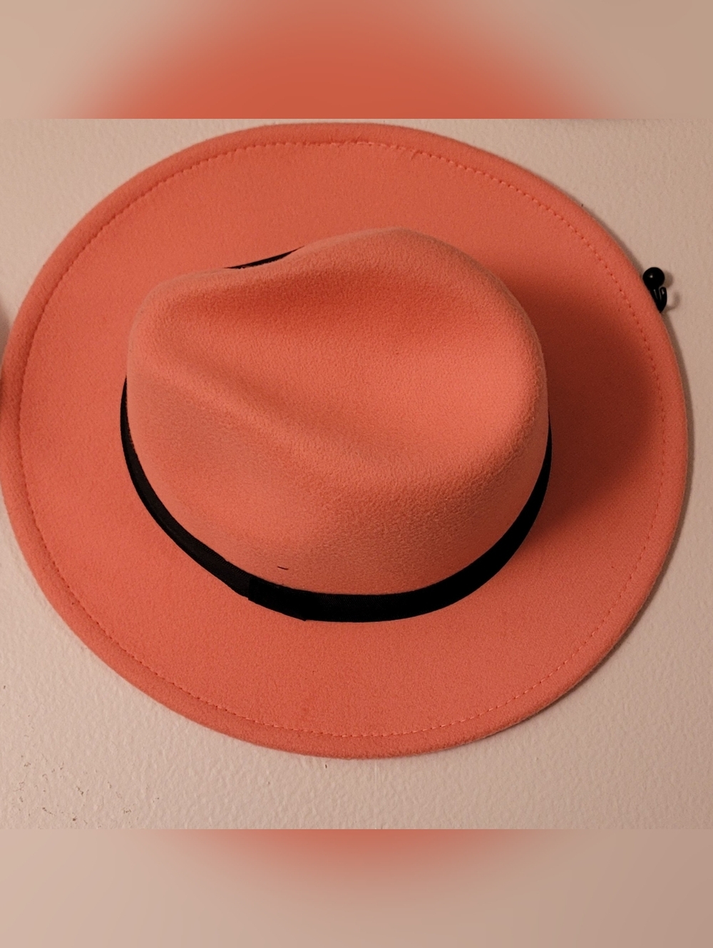 Coral Wide-Brim Fedora Hat with Black Trim